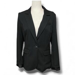 Black Fitted One Button Blazer Power Professional Jacket Button Sleeve Chic Boss